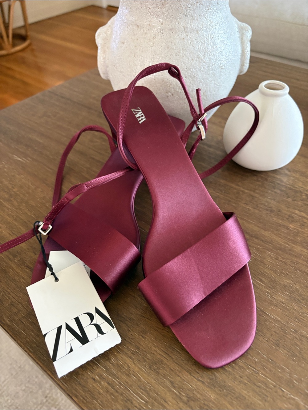 ZARA Satin Strappy Sandals in Deep Wine Beautiful never used